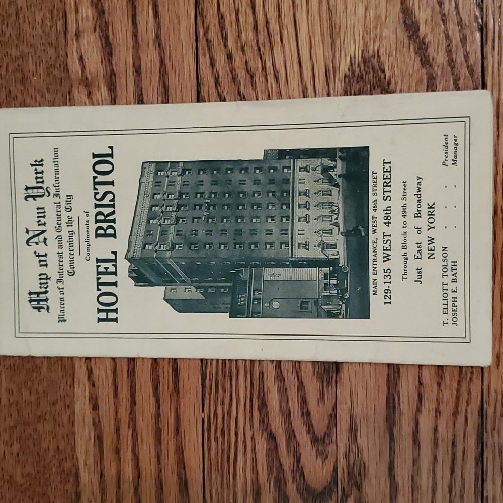 Rare Vtg 1925 Map of New York City featuring HOTEL BRISTOL on Front Cover